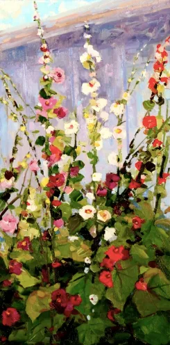 Hollyhock Delight — impressionist oil painting by Garth Williams