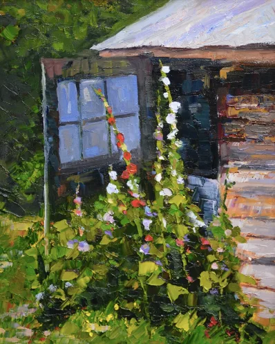 Hollyhocks — impressionist oil painting by Garth Williams
